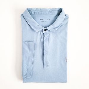 NEW AllSaints Polo Shirt Ramskull Cotton Logo Button Up Blue Mens XL